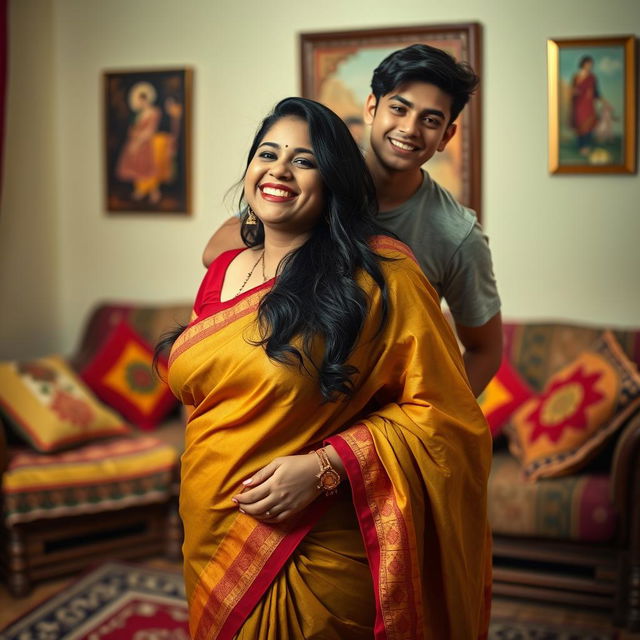 A dramatic scene in a vibrant Indian living room, featuring a voluptuous woman of Indian descent wearing a beautiful traditional saree