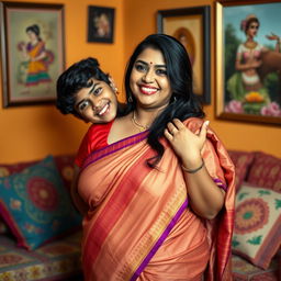 A dramatic scene in a vibrant Indian living room, featuring a voluptuous woman of Indian descent wearing a beautiful traditional saree