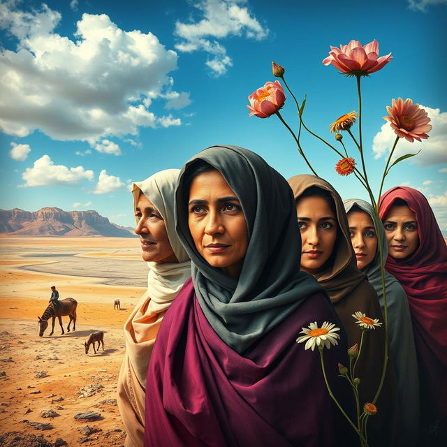 An expressive and impactful image illustrating the effects of climate change on women in Yemen, showcasing a diverse group of women affected by environmental changes
