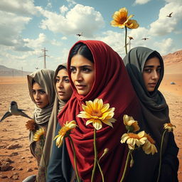 An expressive and impactful image illustrating the effects of climate change on women in Yemen, showcasing a diverse group of women affected by environmental changes