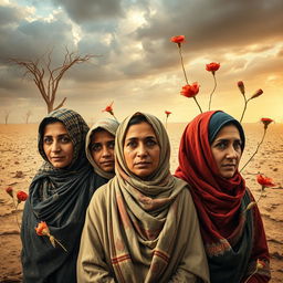 An expressive and impactful image illustrating the effects of climate change on women in Yemen, showcasing a diverse group of women affected by environmental changes
