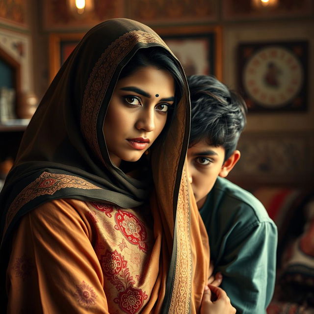 A dramatic portrayal of familial tension and complex emotions, focusing on an Indian Muslim mother with prominent features wearing traditional attire, captured in an intimate moment with her teenage son