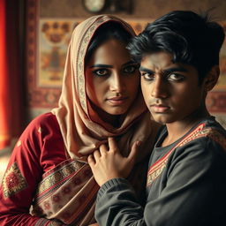 A dramatic portrayal of familial tension and complex emotions, focusing on an Indian Muslim mother with prominent features wearing traditional attire, captured in an intimate moment with her teenage son