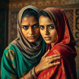 A dramatic portrayal of familial tension and complex emotions, focusing on an Indian Muslim mother with prominent features wearing traditional attire, captured in an intimate moment with her teenage son