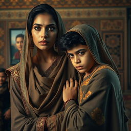 A dramatic portrayal of familial tension and complex emotions, focusing on an Indian Muslim mother with prominent features wearing traditional attire, captured in an intimate moment with her teenage son