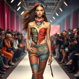 A highly detailed, stylized portrait of a fashion model standing confidently on a runway