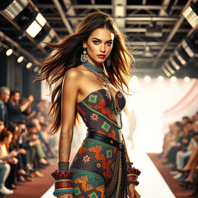 A highly detailed, stylized portrait of a fashion model standing confidently on a runway