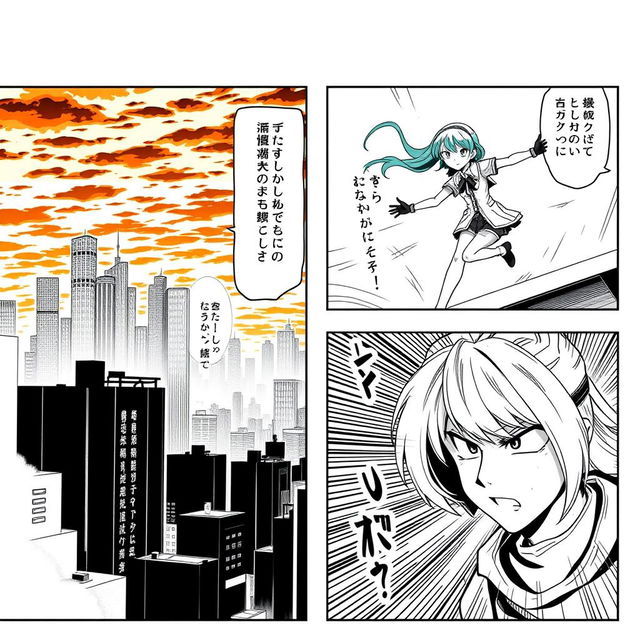 A manga page layout featuring four panels