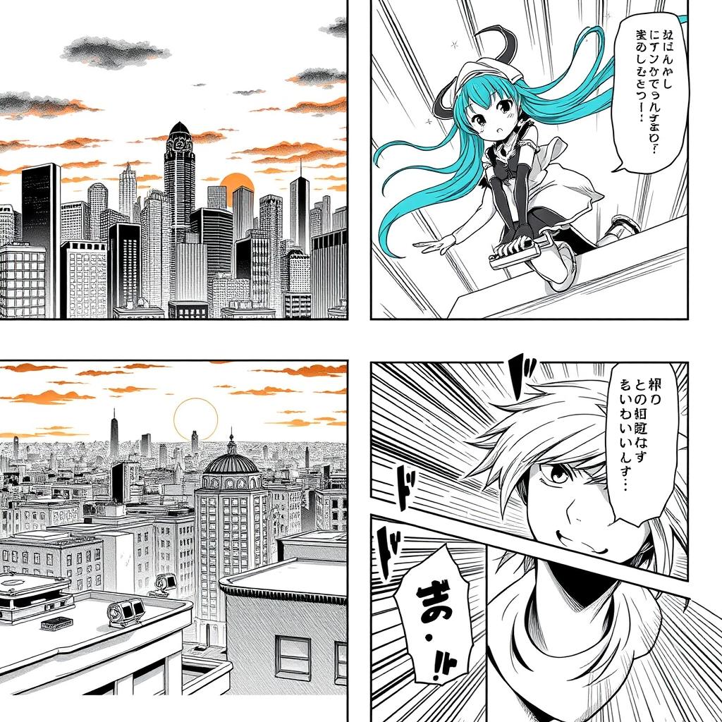 A manga page layout featuring four panels