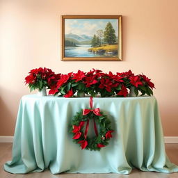 A beautifully decorated table featuring a light bluish-green tablecloth, elegantly draped over the surface