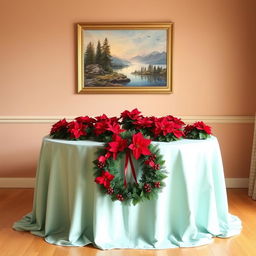 A beautifully decorated table featuring a light bluish-green tablecloth, elegantly draped over the surface