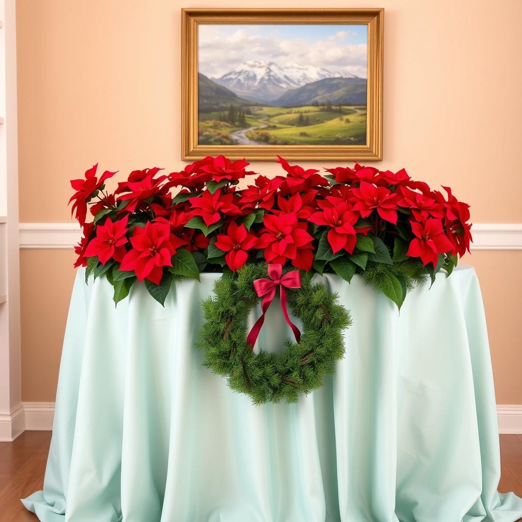 A beautifully decorated table featuring a light bluish-green tablecloth, elegantly draped over the surface