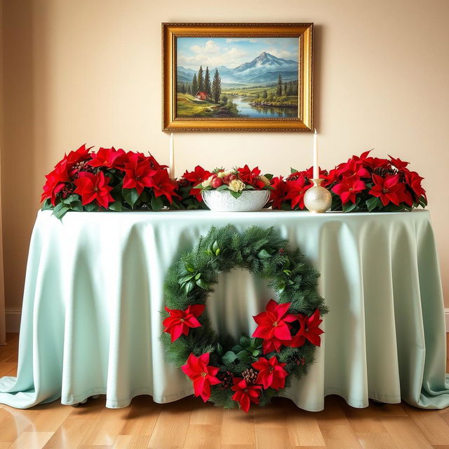 A beautifully decorated table featuring a light bluish-green tablecloth, elegantly draped over the surface