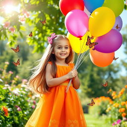 A cheerful young girl with long flowing hair, wearing a bright, colorful dress, standing in a beautiful garden