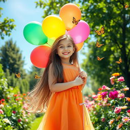 A cheerful young girl with long flowing hair, wearing a bright, colorful dress, standing in a beautiful garden