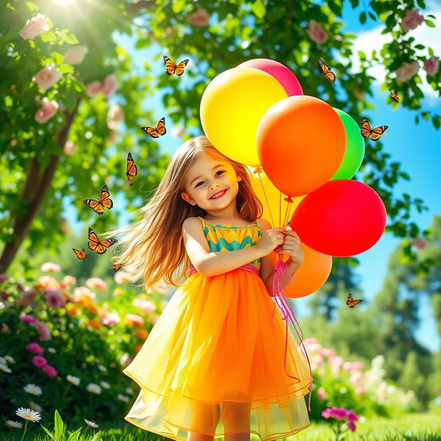 A cheerful young girl with long flowing hair, wearing a bright, colorful dress, standing in a beautiful garden