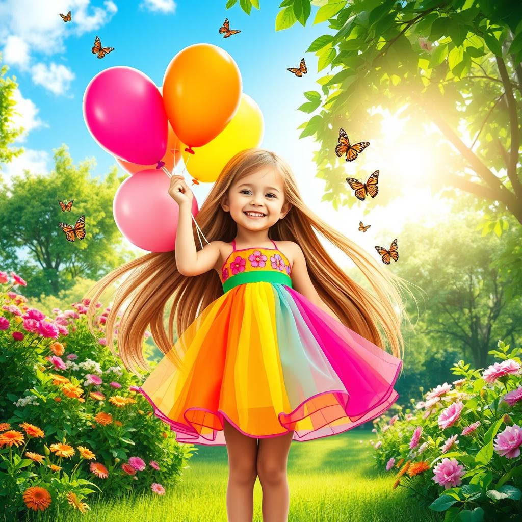 A cheerful young girl with long flowing hair, wearing a bright, colorful dress, standing in a beautiful garden