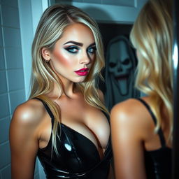A beautiful 19-year-old blonde woman with mesmerizing crystal blue eyes, adorned with bright frosted pastel blue eyeshadow, thick black eyeliner, and long dramatic eyelashes enhanced by thick black mascara