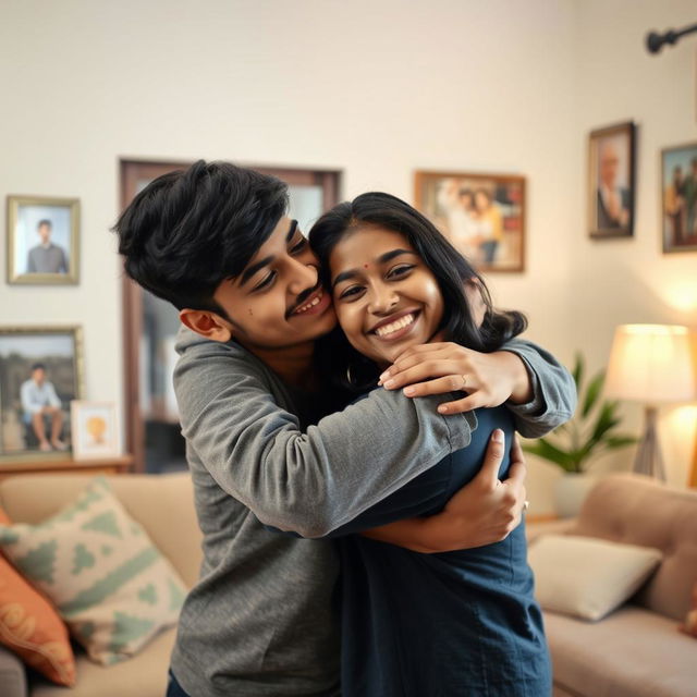 A warm, affectionate moment between a teenage son and his mother in a cozy living room