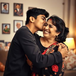 A warm, affectionate moment between a teenage son and his mother in a cozy living room