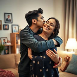A warm, affectionate moment between a teenage son and his mother in a cozy living room