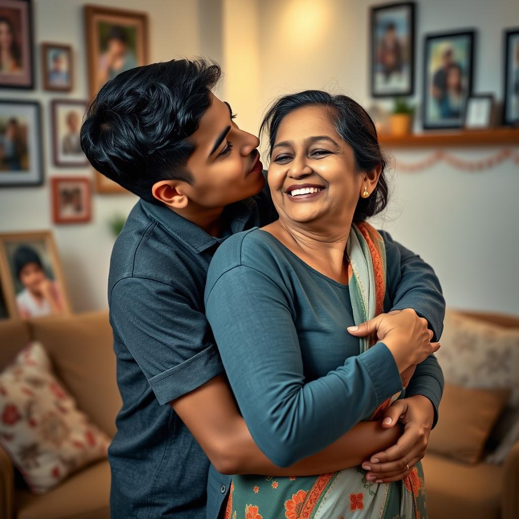 A warm, affectionate moment between a teenage son and his mother in a cozy living room