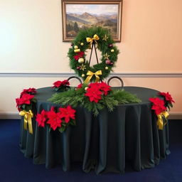 A beautifully decorated table set with a dark bluish green tablecloth, elegantly draping over the edges
