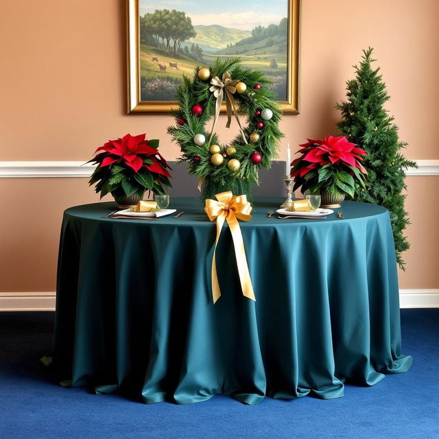 A beautifully decorated table set with a dark bluish green tablecloth, elegantly draping over the edges