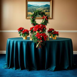 A beautifully decorated table set with a dark bluish green tablecloth, elegantly draping over the edges