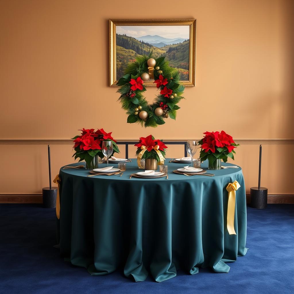 A beautifully decorated table set with a dark bluish green tablecloth, elegantly draping over the edges