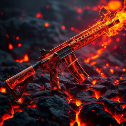 A stunning M4 assault rifle, entirely crafted from glowing lava, showcasing intricate details in its molten surface