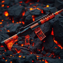 A stunning M4 assault rifle, entirely crafted from glowing lava, showcasing intricate details in its molten surface