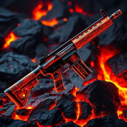 A stunning M4 assault rifle, entirely crafted from glowing lava, showcasing intricate details in its molten surface