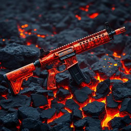 A stunning M4 assault rifle, entirely crafted from glowing lava, showcasing intricate details in its molten surface