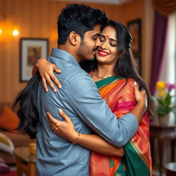 A dramatic and touching scene of a young Indian man, age 16+, with a charming smile, embracing his stunningly beautiful mother from behind, their lips gently touching in a loving kiss