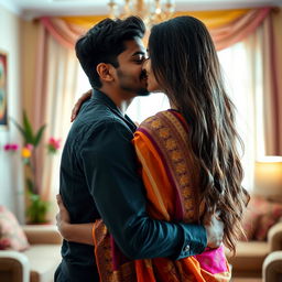 A dramatic and touching scene of a young Indian man, age 16+, with a charming smile, embracing his stunningly beautiful mother from behind, their lips gently touching in a loving kiss
