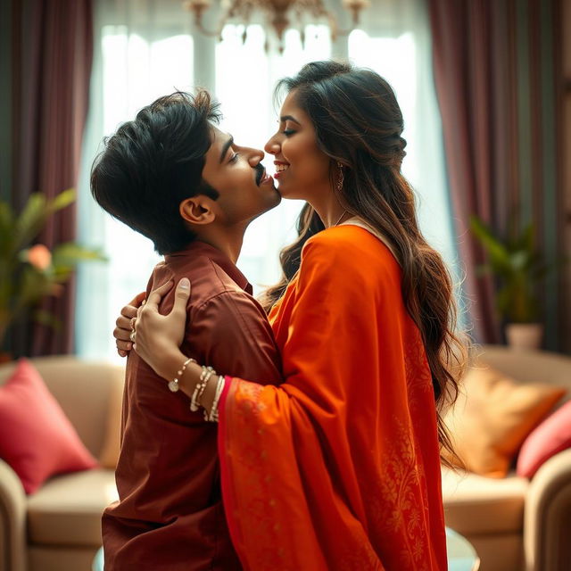 A dramatic and touching scene of a young Indian man, age 16+, with a charming smile, embracing his stunningly beautiful mother from behind, their lips gently touching in a loving kiss