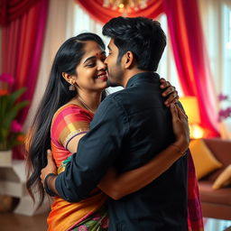 A dramatic and touching scene of a young Indian man, age 16+, with a charming smile, embracing his stunningly beautiful mother from behind, their lips gently touching in a loving kiss