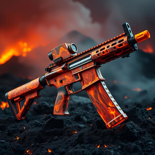 A creative and unique interpretation of an M4 rifle, where the entire body of the weapon is designed to look like it's made from molten lava