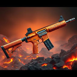 A creative and unique interpretation of an M4 rifle, where the entire body of the weapon is designed to look like it's made from molten lava