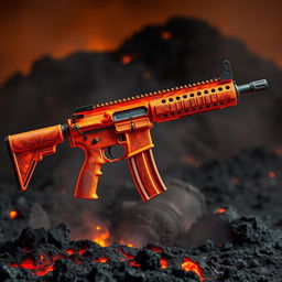 A creative and unique interpretation of an M4 rifle, where the entire body of the weapon is designed to look like it's made from molten lava