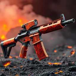 A creative and unique interpretation of an M4 rifle, where the entire body of the weapon is designed to look like it's made from molten lava