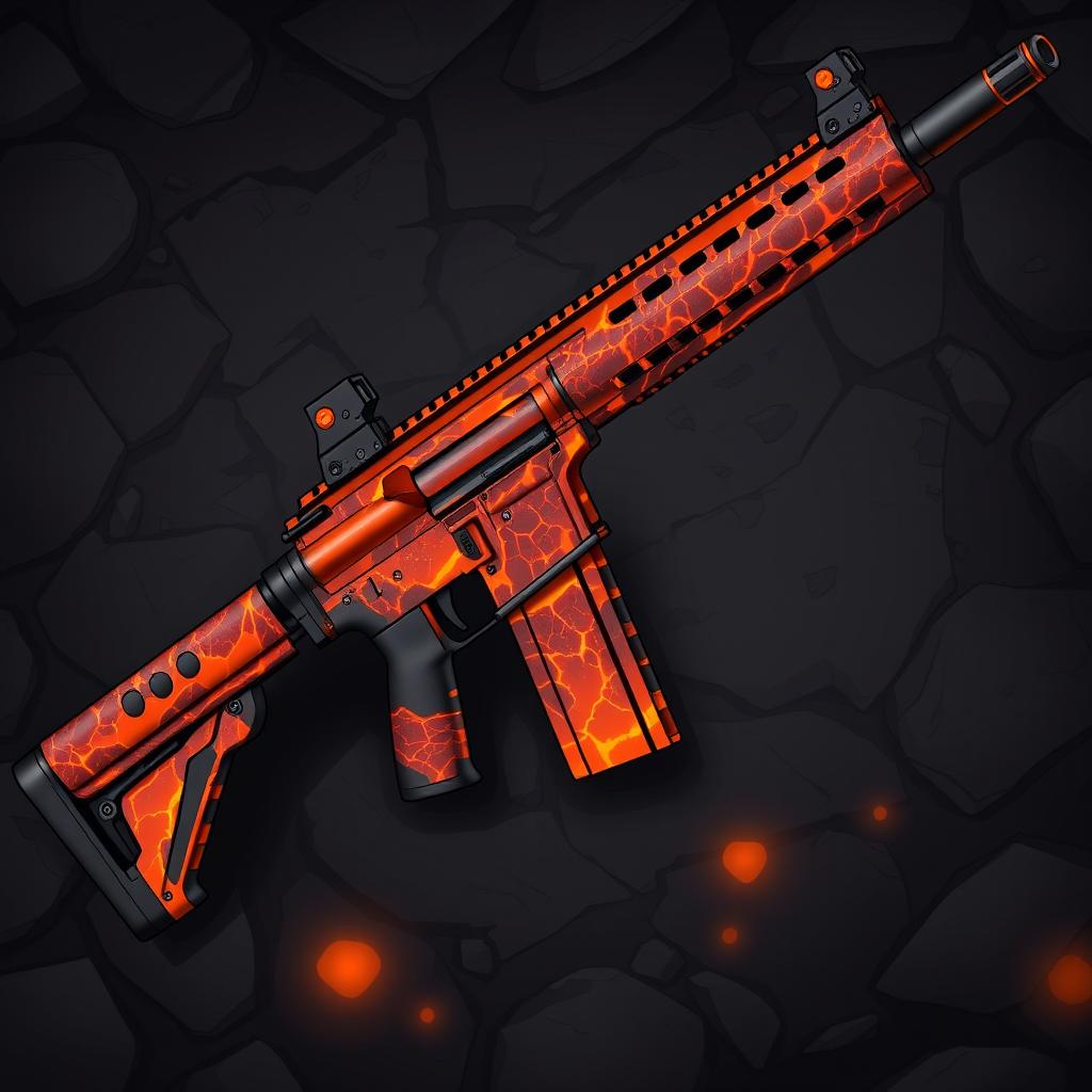 A detailed illustration of an M4 rifle featuring a skin design that resembles flowing lava
