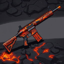 A detailed illustration of an M4 rifle featuring a skin design that resembles flowing lava