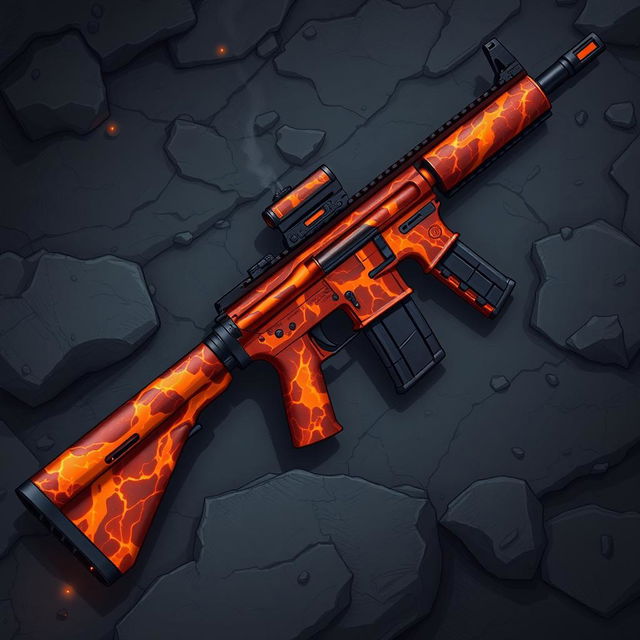 A detailed illustration of an M4 rifle featuring a skin design that resembles flowing lava