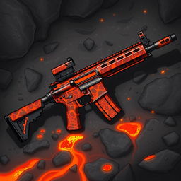 A detailed illustration of an M4 rifle featuring a skin design that resembles flowing lava