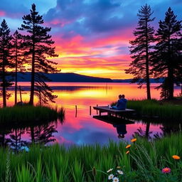 A serene landscape featuring a beautiful sunset over a tranquil lake, with reflections of the colorful sky in the water