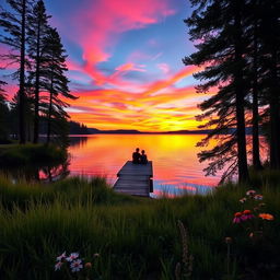 A serene landscape featuring a beautiful sunset over a tranquil lake, with reflections of the colorful sky in the water