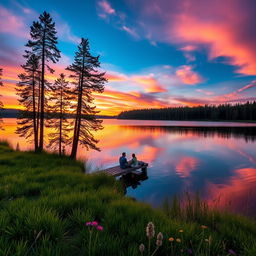 A serene landscape featuring a beautiful sunset over a tranquil lake, with reflections of the colorful sky in the water