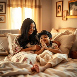A heartwarming scene of a beautiful Indian woman and her teenage son sharing a cozy bed, with the warm sunlight filtering through the window illuminating the room